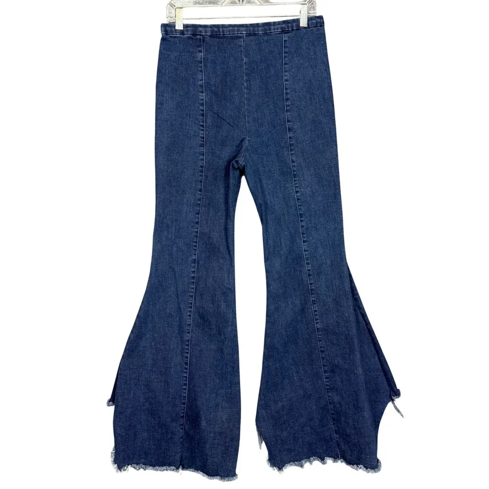 For The‎ Republic Bell Bottom Jeans Womens 10 Blue Dark Wash Raw Hem Side Zip